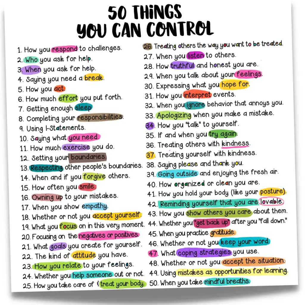 50 Things You Can Control List for Kids and Teens