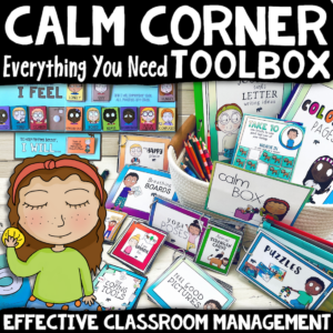 Calm Down Corner Toolkit with breathing boards, positive affirmation cards, yoga poses, puzzles, feelings check in, list of coping strategies.