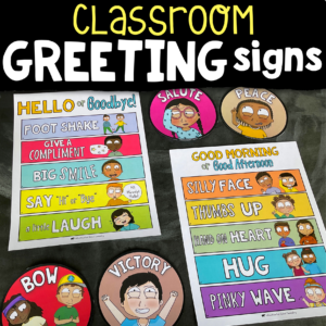 Classroom greetings signs including hut, thumbs up, pinky wave, foot shake.