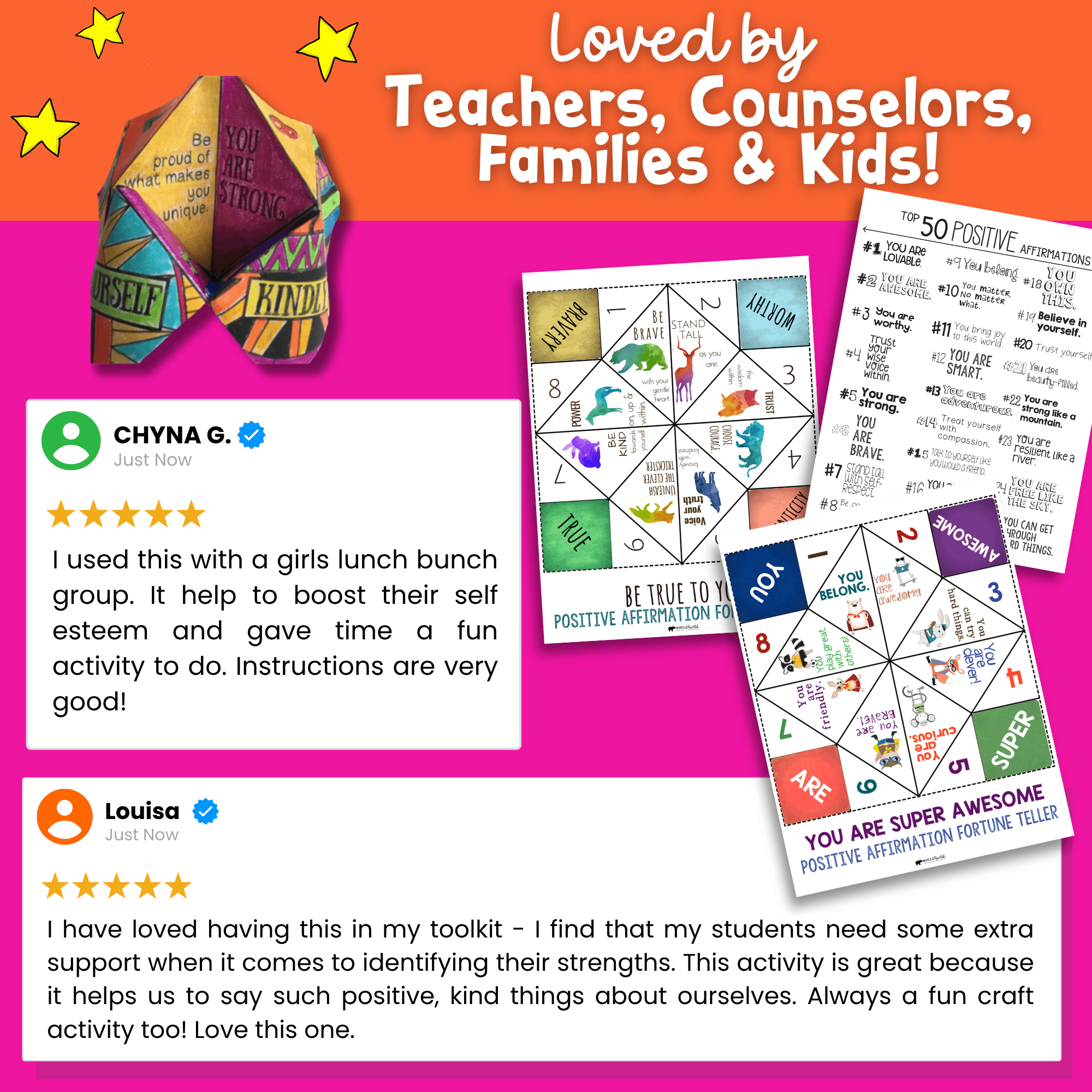 SEL activity school Counseling lesson positive affirmation positive affirmation fortune tellers for kids