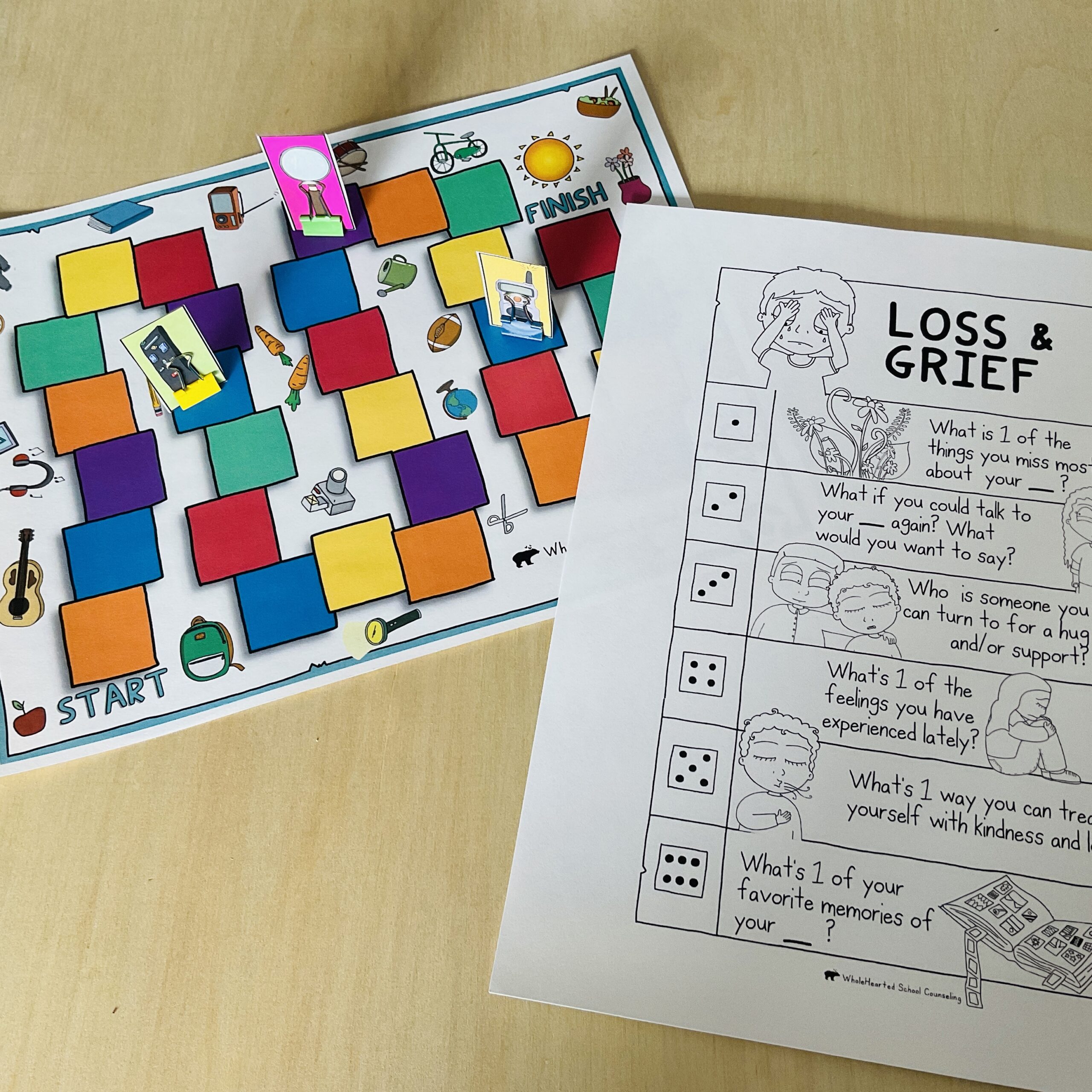 Counseling game about Loss and Grief and game board.
