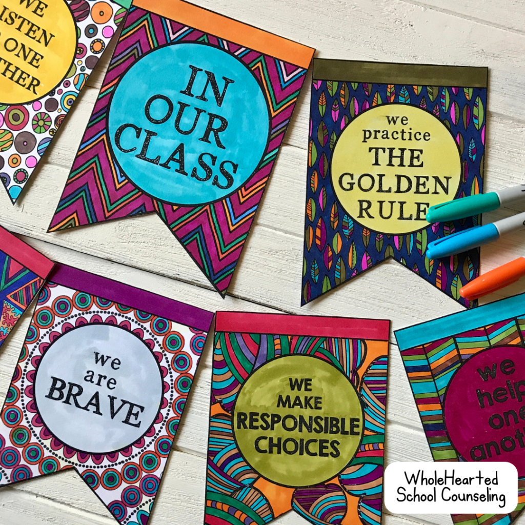 Coloring banner of classroom rules and markers