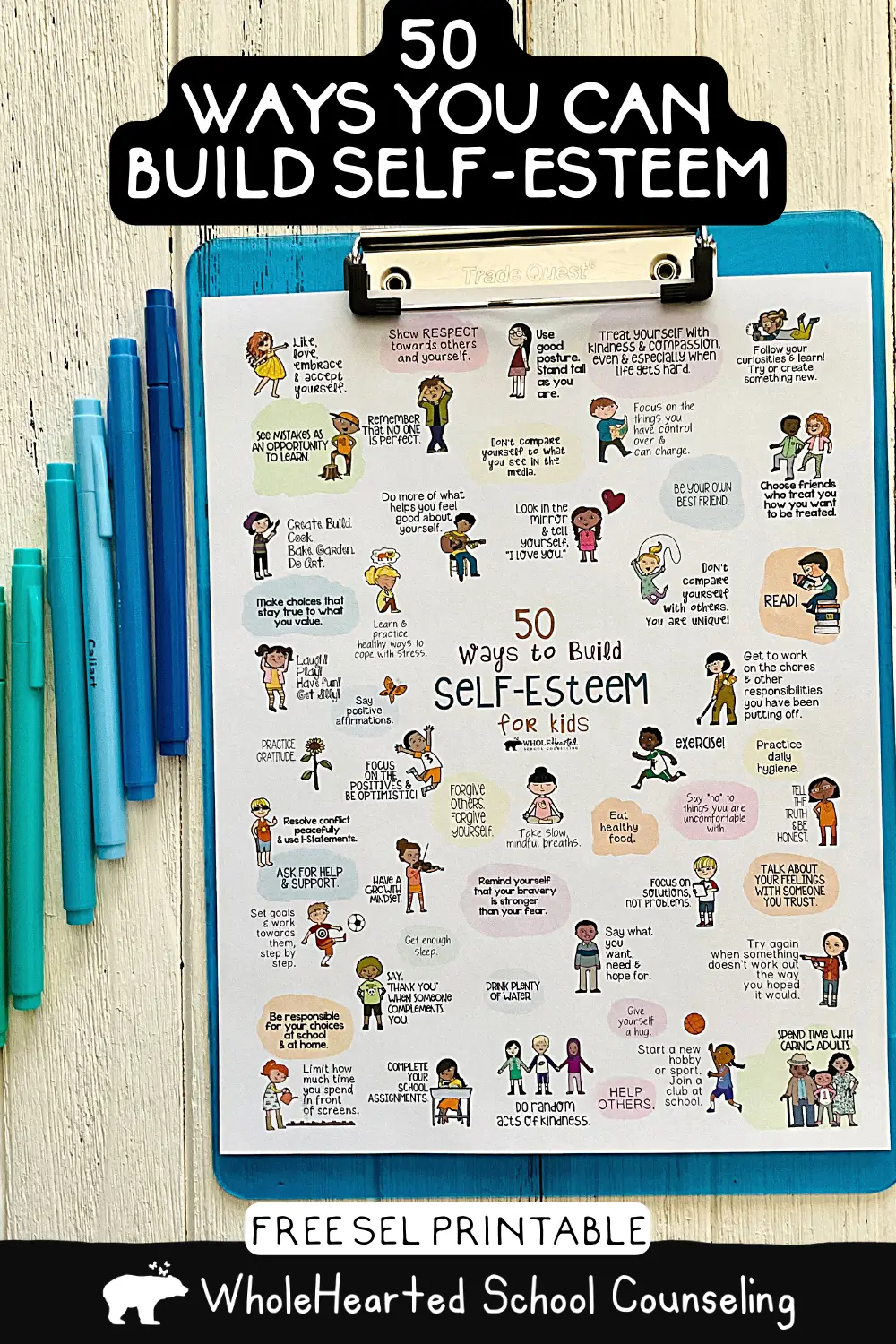 50 ways to build self-esteem poster on clipboard next to colored pencils.