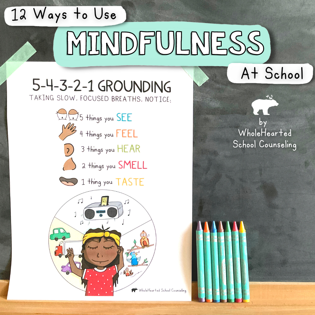 Chalkboard with mindfulness poster and crayons.
