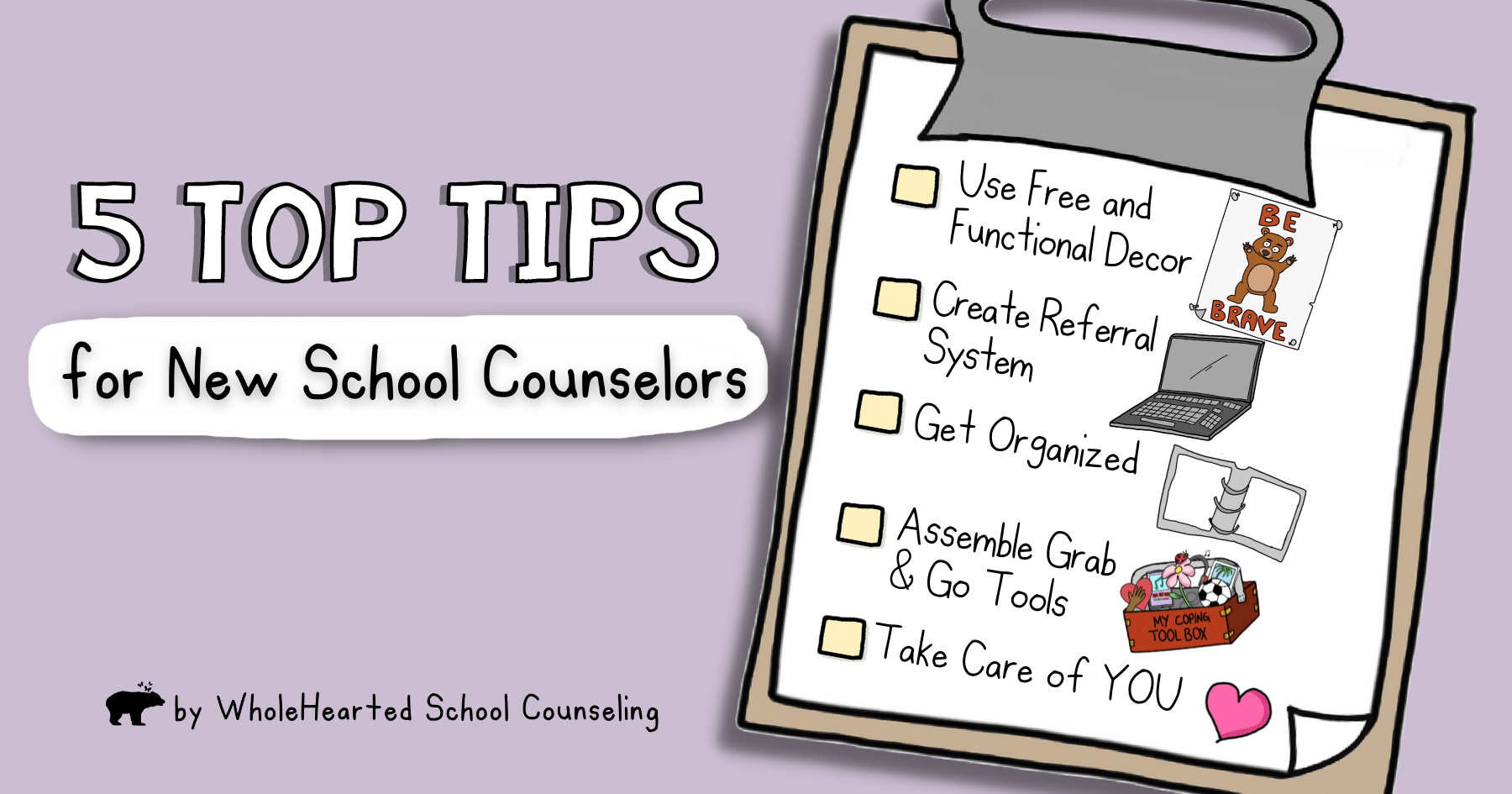 Clipboard illustration with list of 5 tips for new school counselors.