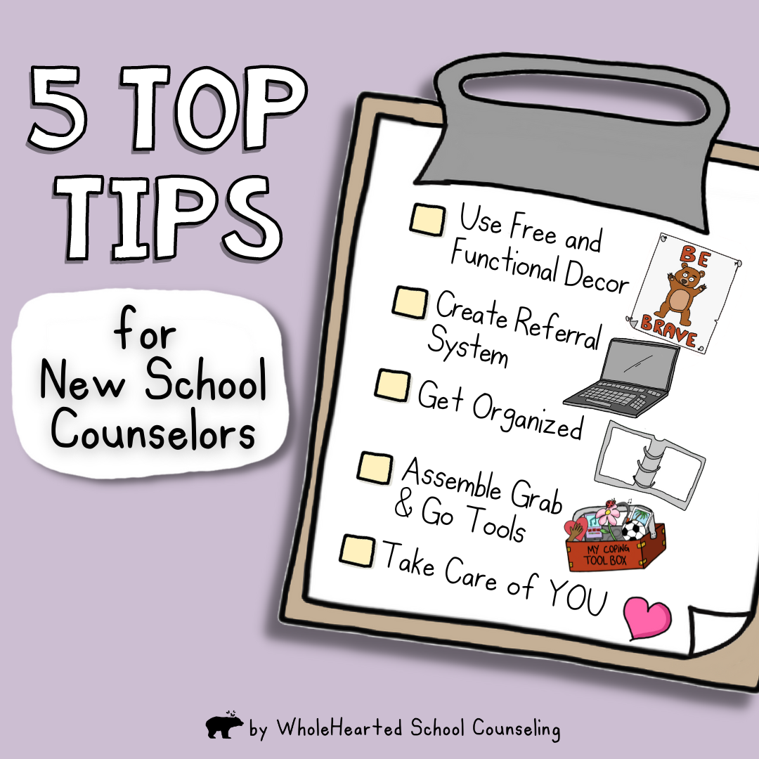 Clipboard illustration with list of 5 tips for school counselors.