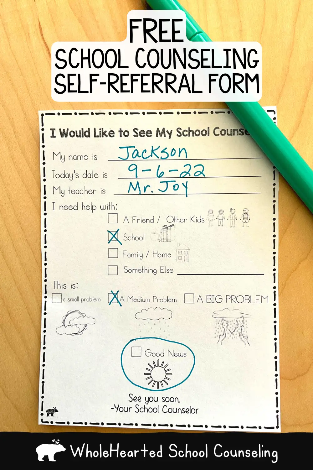 School Counseling referral form on clipboard with blue pen.
