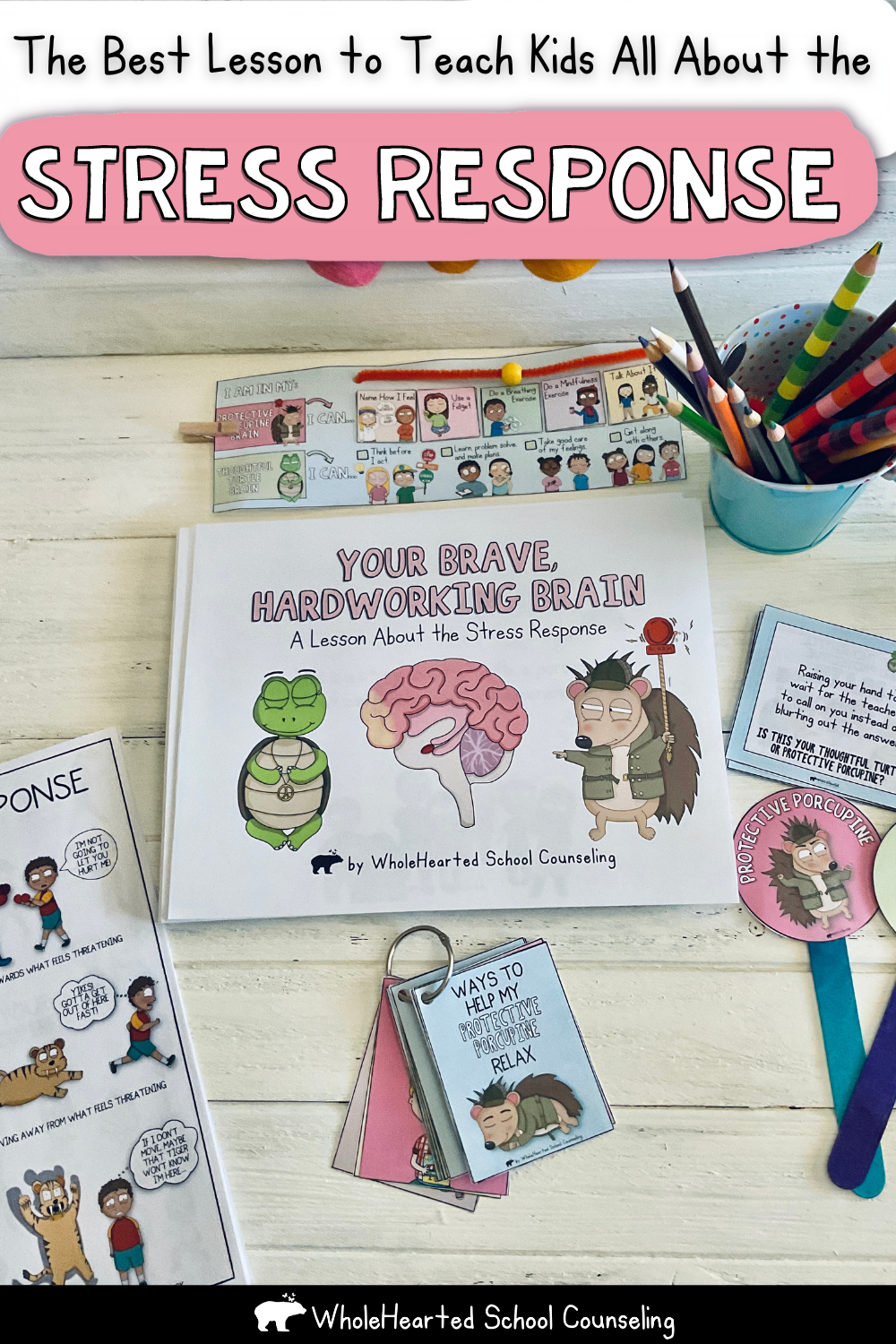 Printed lesson and posters of the Brain and Stress Response lesson for kids