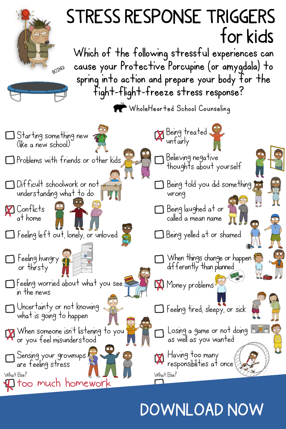 Checklist of stress response triggers for kids with cute illustrations.