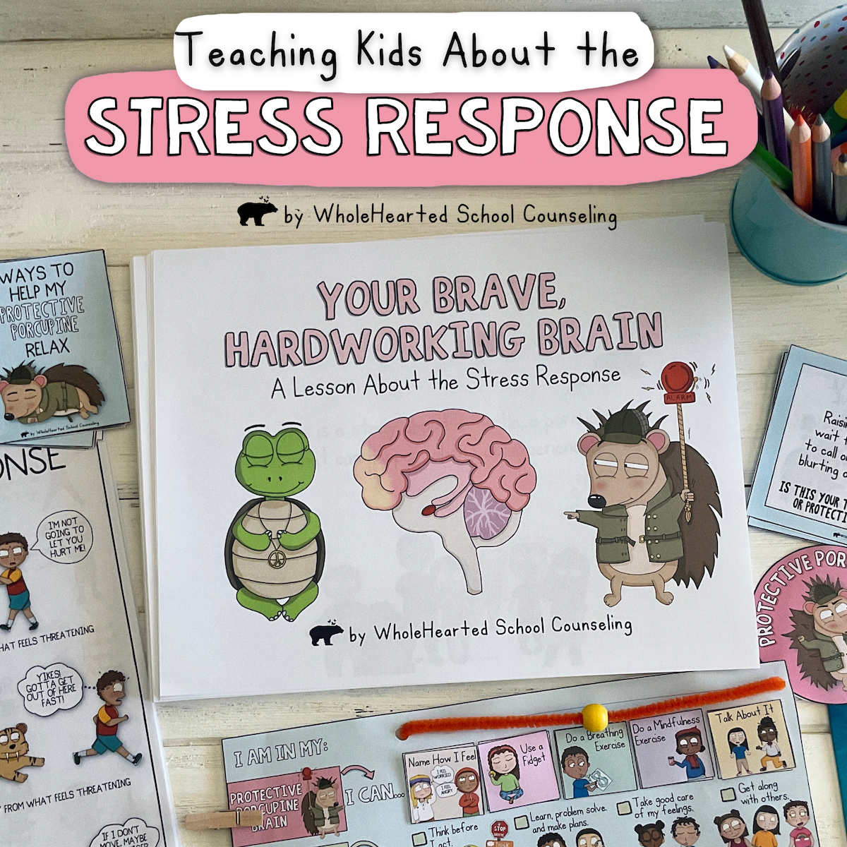 Lesson materials for Your Brain and the Stress Response SEL Lesson. Task cards, Feelings Check In and posters included.
