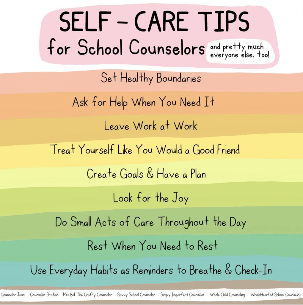 Poster with a list of self-care tips for school counselors with a rainbow colored background.