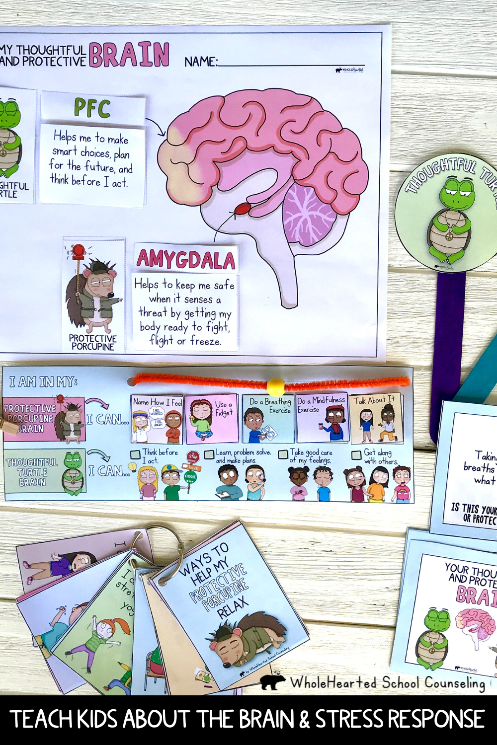 Stress Response Lesson for Kids Poster, task cards, and feelings and coping tools check-in.