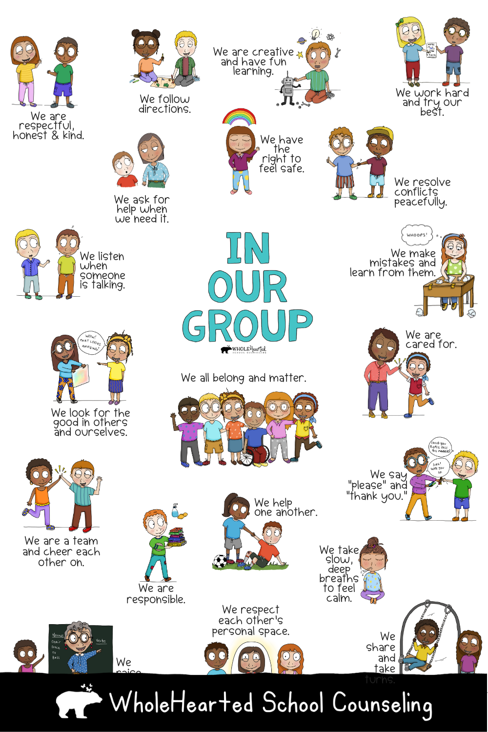 List of school counseling small group rules with illustrations of school aged kids.