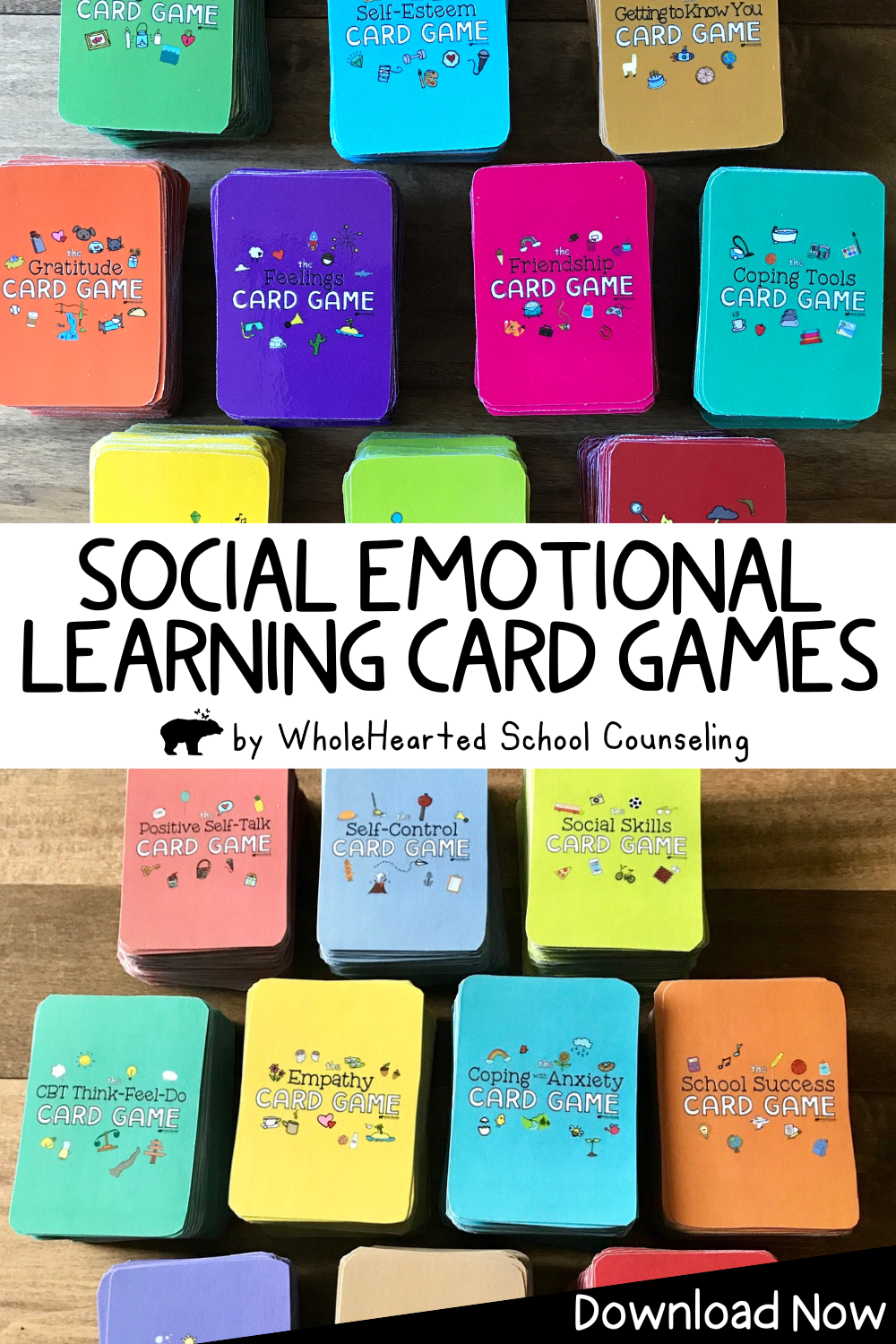 Collection of different card games like self-esteem, coping skills, growth mindset, and social skills.