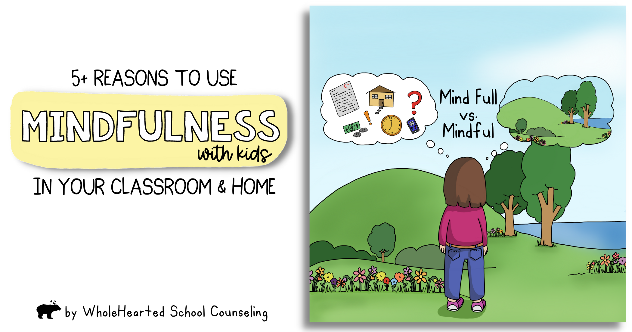 5 Reasons to Use Mindfulness in the Classroom and Home with Kids illustration depicting difference between Mind Full and Mindful