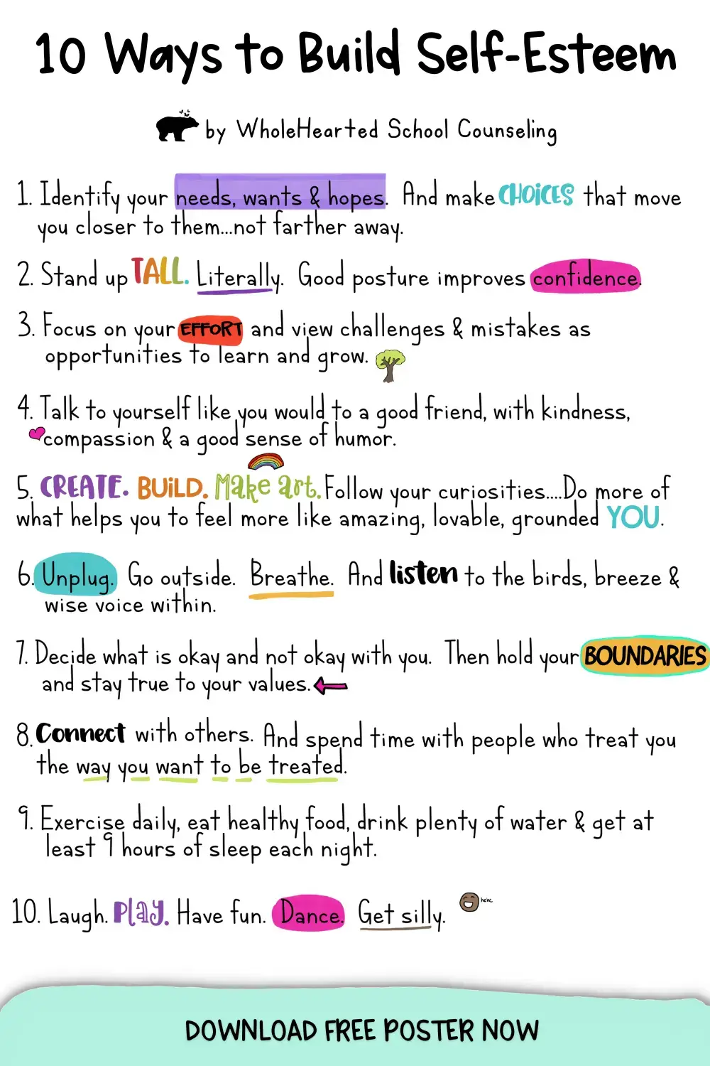 Poster with 10 tips on how to build self-esteem for kids and teens