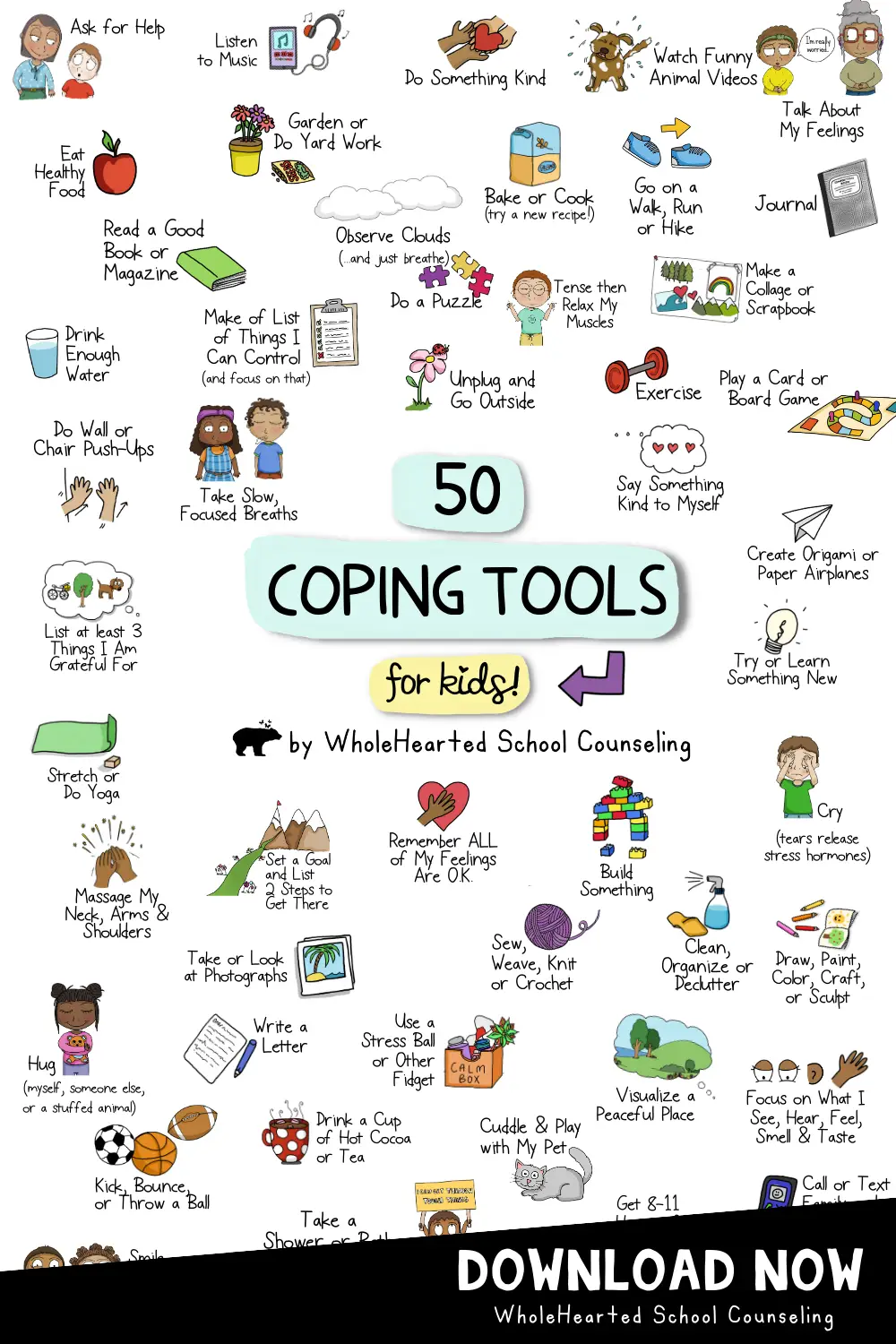Poster with 50 coping tools for kids.