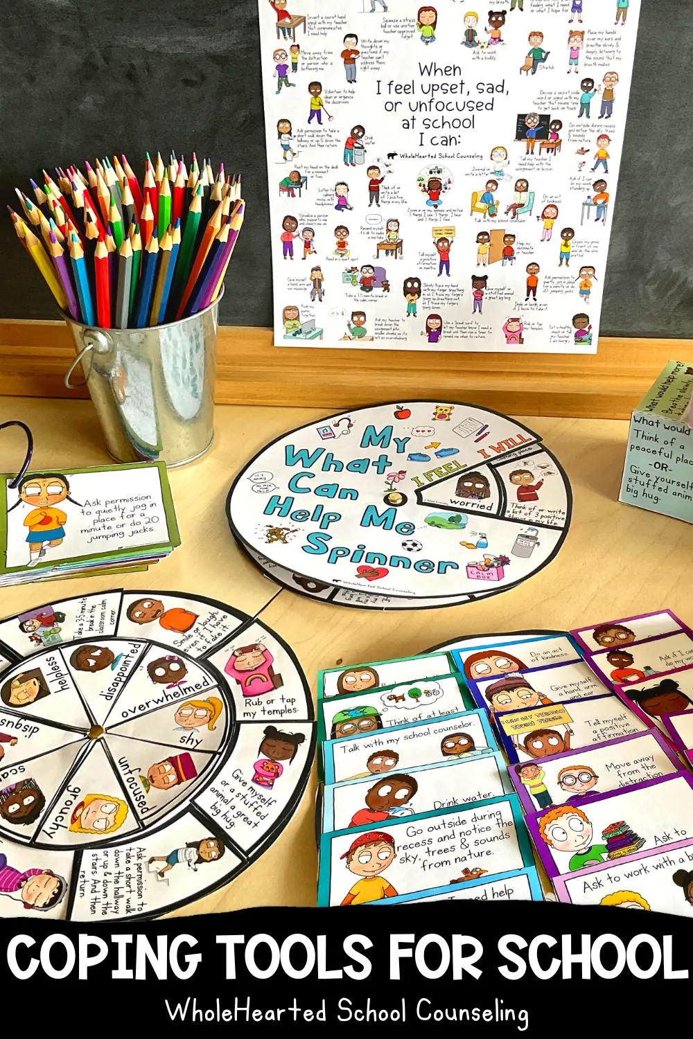 Coping Skills for kids poster, task cards, and spinner.