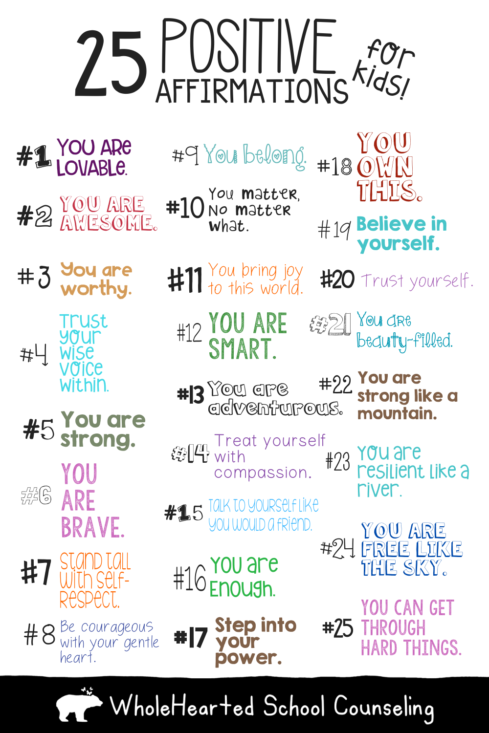 List of 25 positive affirmations for kids.