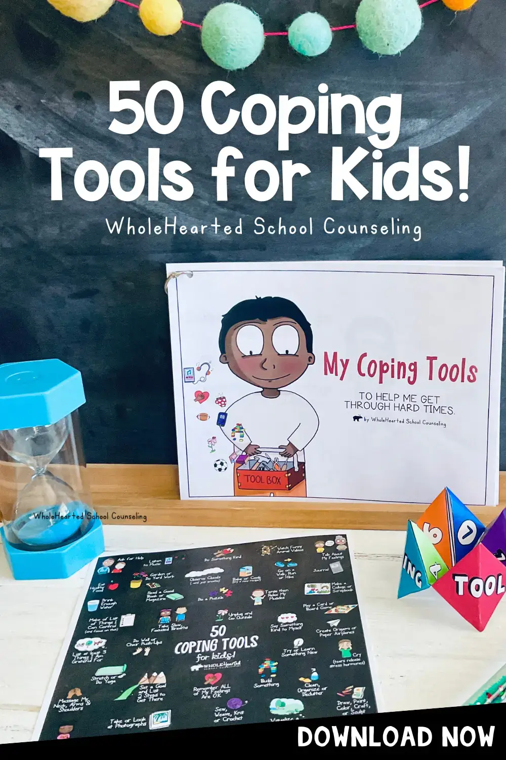 50 Coping Skills for Kids lesson social narrative poster and fortune teller.