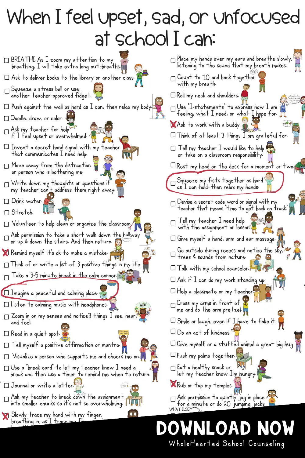 Checklist of 50 Self-Regulation Coping Tools that Kids can Use at School.
