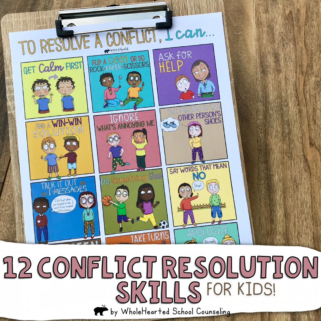 12 Conflict Resolution Skills to Teach Kids poster on Clipboard