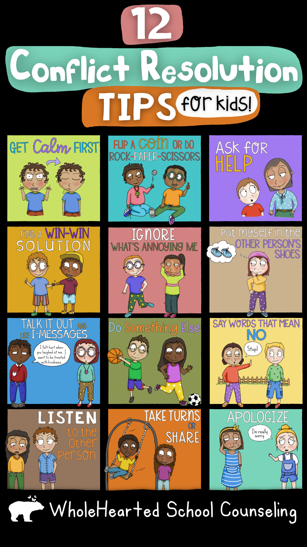 Poster of 12 conflict resolution tips for kids.