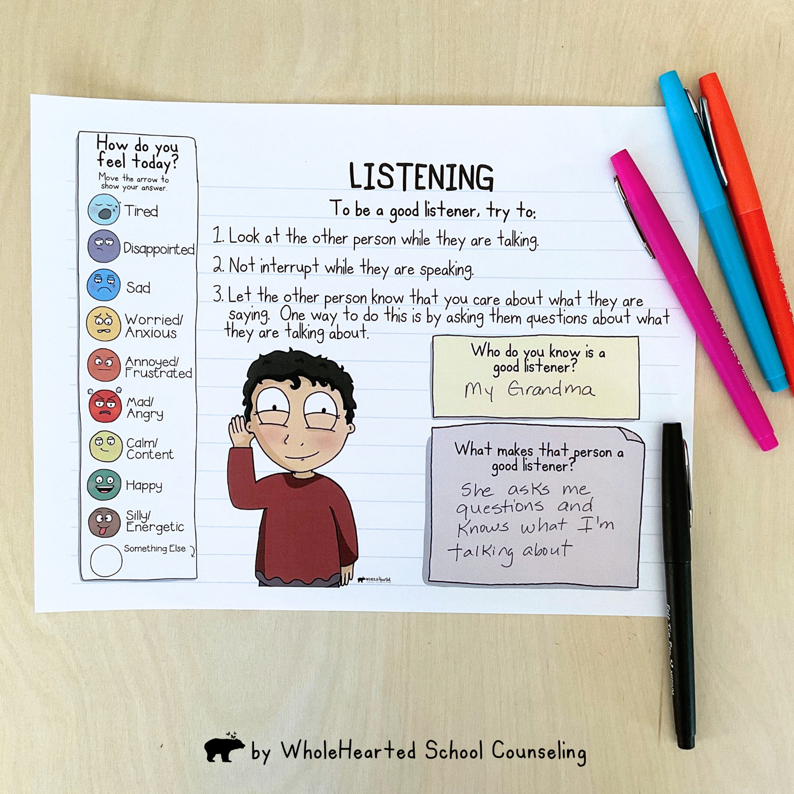 How to Be A Good Listener Worksheet and SEL Feelings Check-In Journal for Kids on table with colored pens.