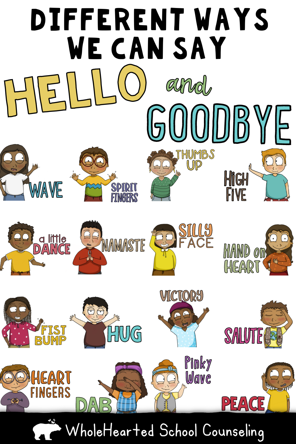 16 different classroom greetings for elementary school visual support poster.