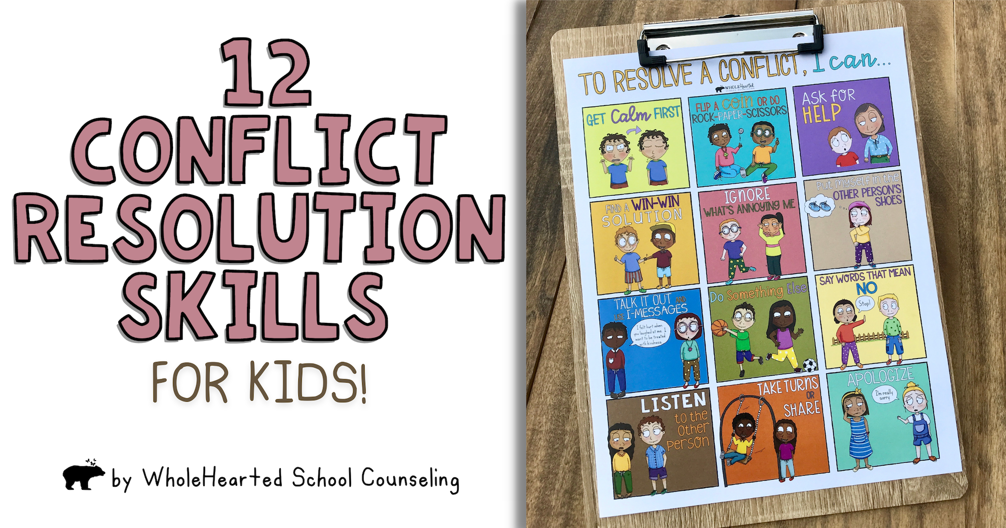 12 Conflict Resolution Skills for Kids poster on clipboard.