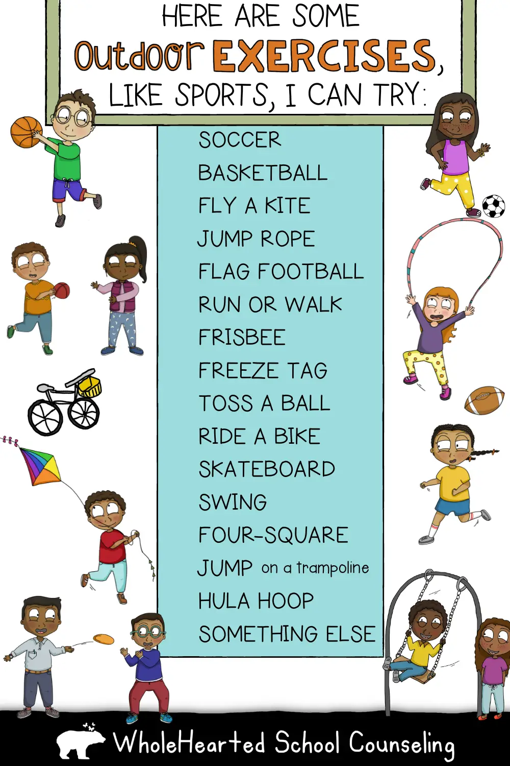 List of different exercises for kids to do to help reduce feelings of anxiety.