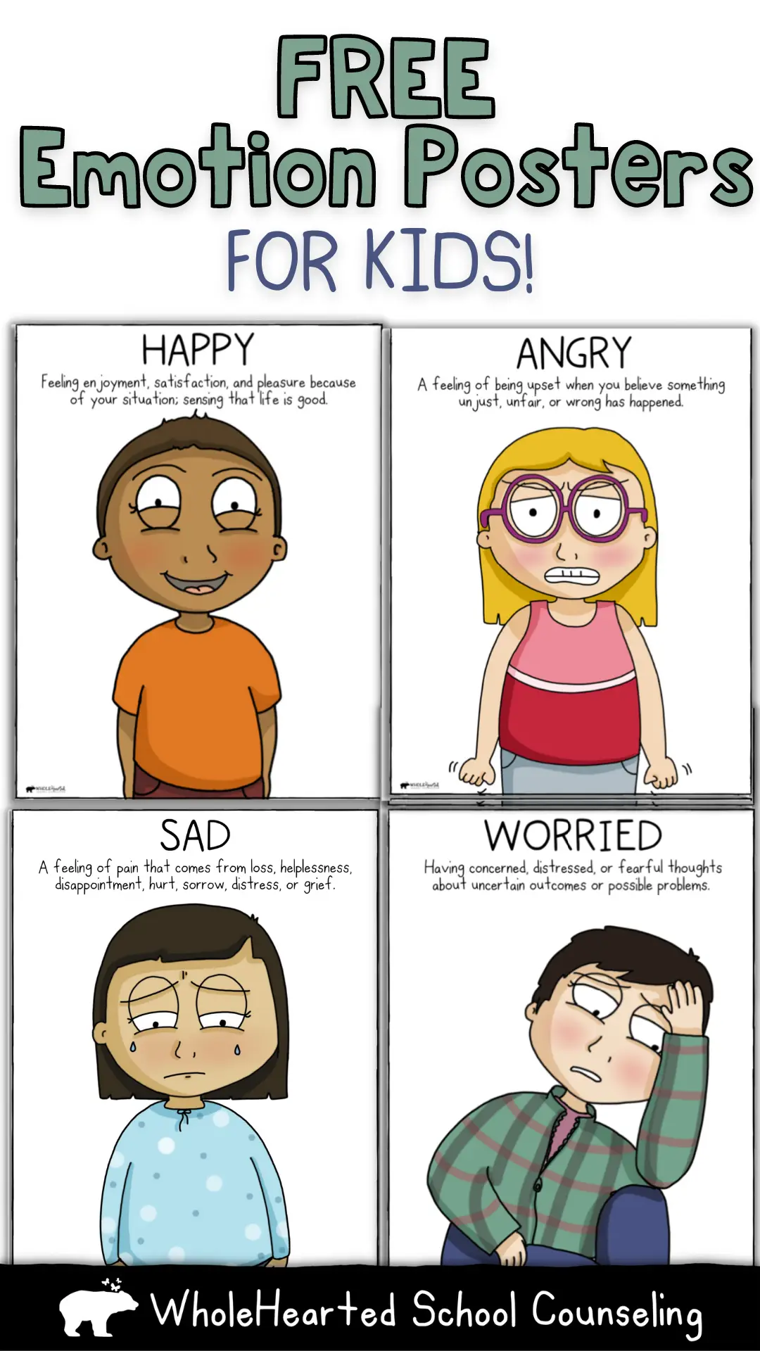 Free feelings posters for kids, happy, sad, worried, angry feelings posters.