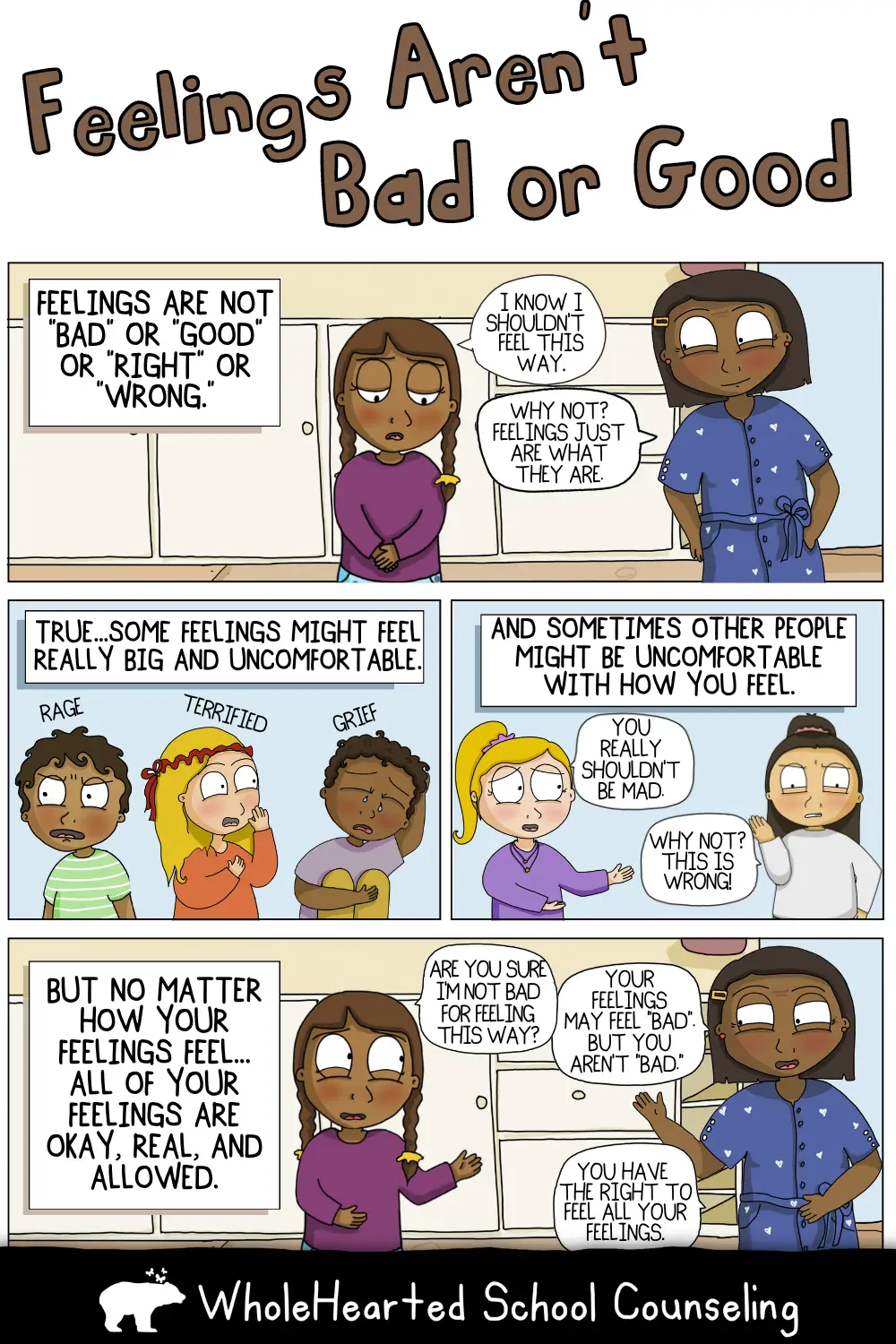 A cartoon illustration about how all feelings are okay designed for kids to teach them about emotions.