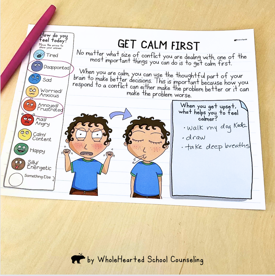 Get Calm First Conflict Resolution Worksheet and Feelings Check-In for Kids on table with pink pen.