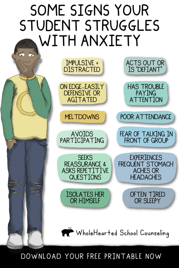 List of 12 different signs your student is struggling with anxiety.