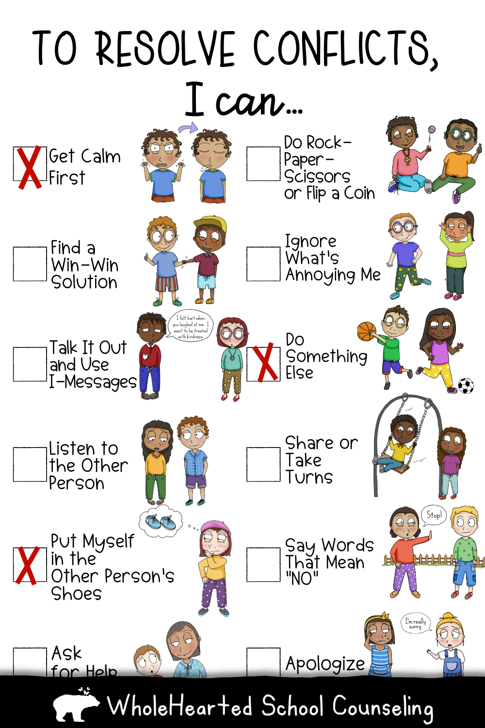 Checklist of essential conflict resolution strategies for kids.