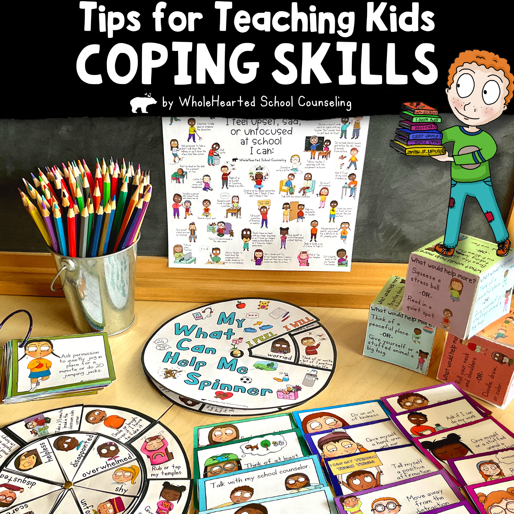 Coping skills activities like spinner, task cards, and dice for kids.
