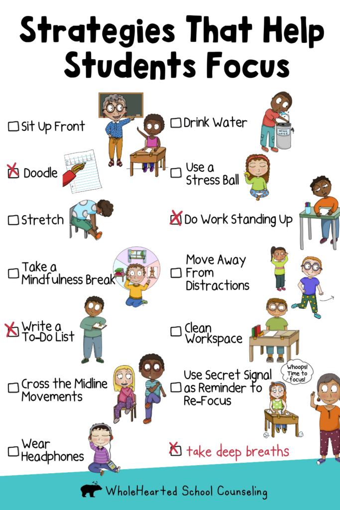 Tools to help students stay focused like doodle, drink water, sit up front, and do work standing up.