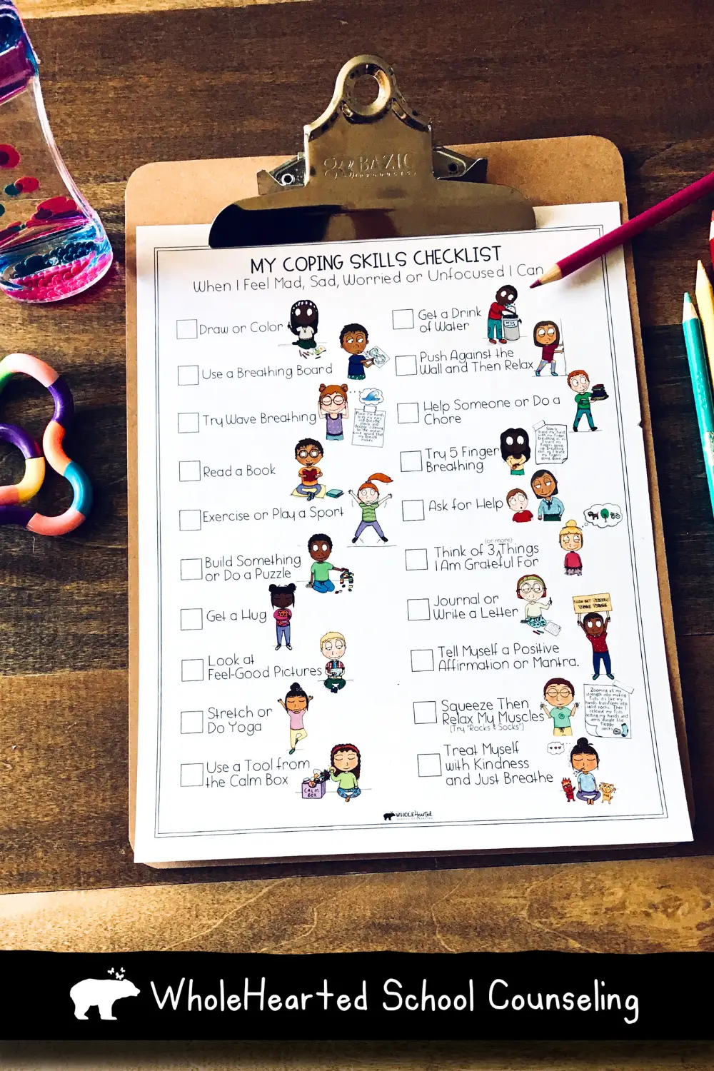 List of coping tools for kids to use when they feel big emotions like anxiety.