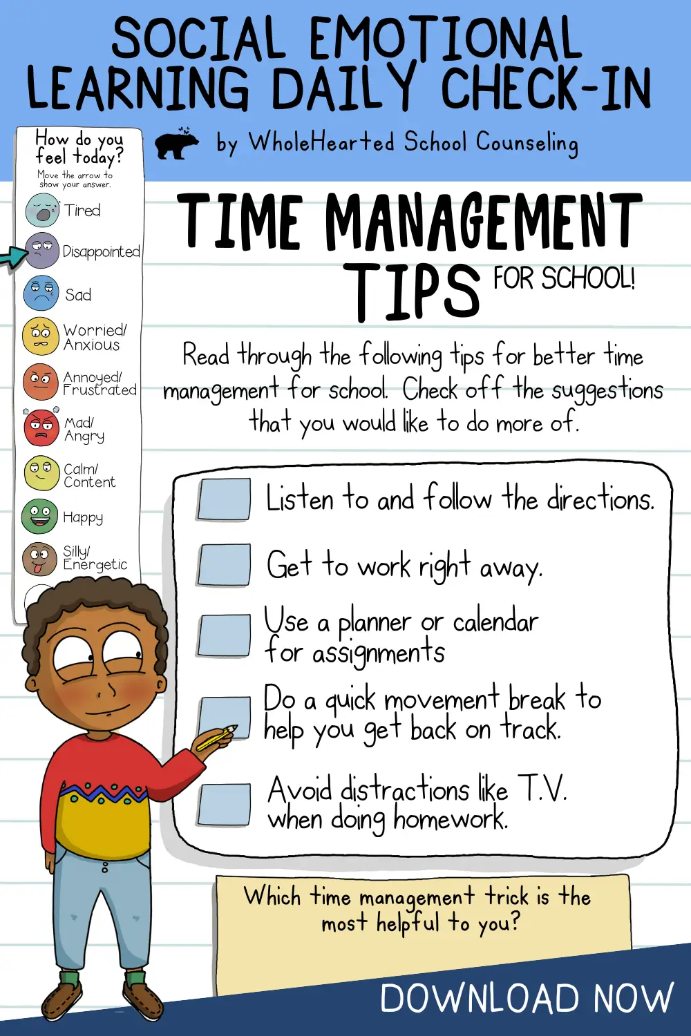 Time management tips for kids to help them at school. Helps to reduce anxiety.