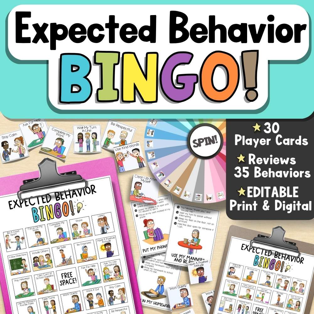 Expected Behavior Lesson for Classroom Management and Community Norms Expected Behavior BINGO game cover showing spinner, calling cards, and player boards for SEL instruction.