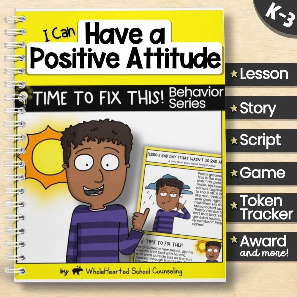 K–3 SEL behavior lesson cover with a cartoon boy and story sheet titled “Pedro’s Bad Day (That Wasn’t So Bad After All).”