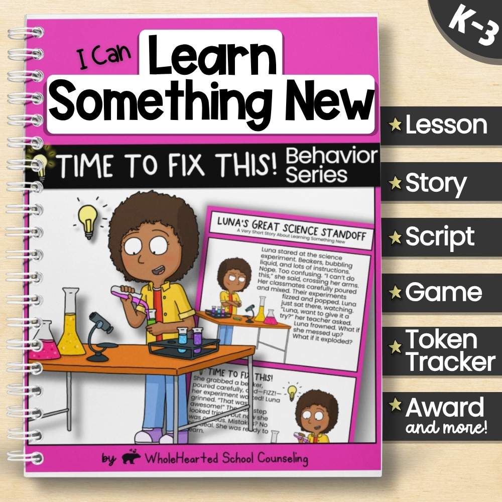 Behavior resource cover for “I Can Learn Something New” featuring a student doing a science experiment