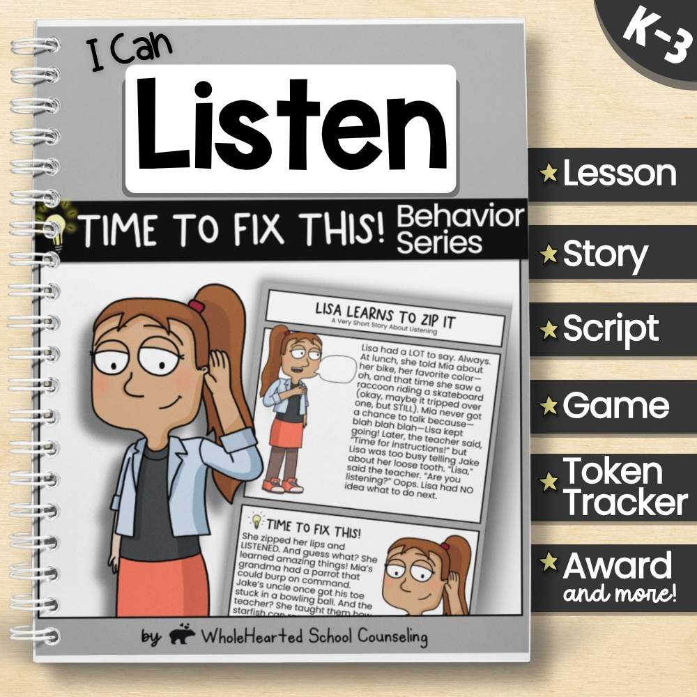 K–3 “I Can Listen” behavior resource cover with illustrated student, story, and toolkit list.