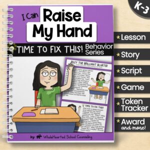 Spiral-bound SEL curriculum titled "I Can Raise My Hand" with a cartoon girl at a desk and included story, script, game, and token tools for K–3.