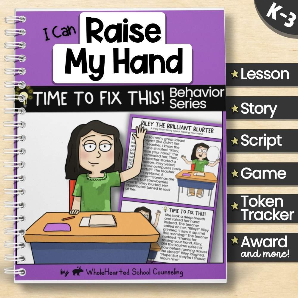 Spiral-bound SEL curriculum titled "I Can Raise My Hand" with a cartoon girl at a desk and included story, script, game, and token tools for K–3.