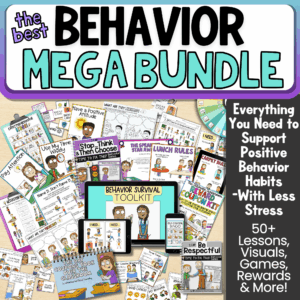 Images of behavior interventions for elementary school like check-ins and visual supports about how be responsible and make good choices