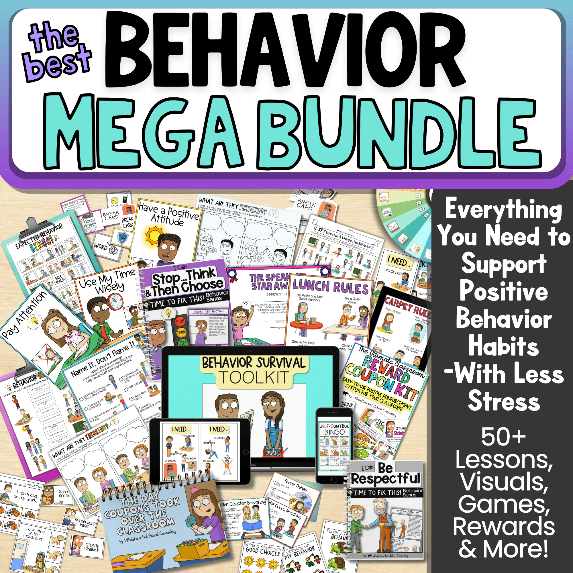 SEL Behavior Lessons _ Social Skills Stories & Activities for K–3 Images of behavior interventions for elementary school like check-ins and visual supports about how be responsible and make good choices