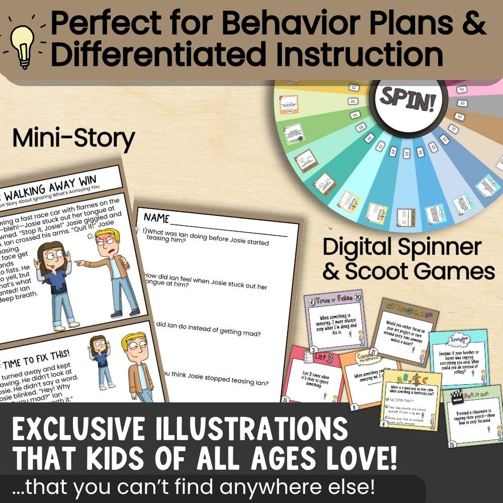 Story + Game to Practice Ignoring Skills Mini-story, reflection worksheet, and behavior game spinner for self-regulation