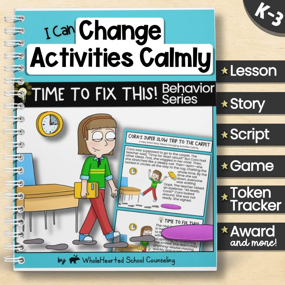 Calm transition behavior toolkit with story, script, game, token board, and student award for K–3